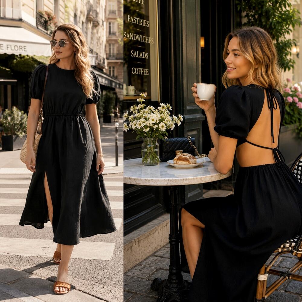 Reformation 12 Anneliese Linen Midi Dress $248 Puff Sleeve Backless Fit Flare - Picture 1 of 15